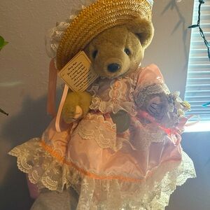 Vintage Bearly People Collectors Teddy Bear in Pink and Cream Dress and Hat🧸💕